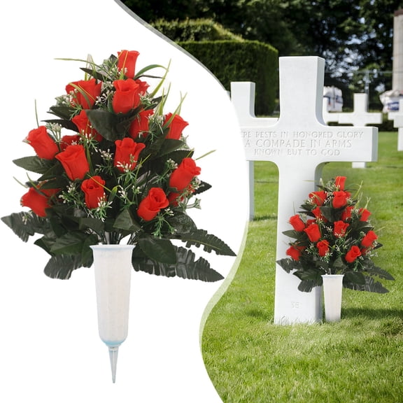 1 Pack Cemetery Flowers for Grave Vase, Artificial Cemetery Flowers with Vase,Artificial Rose Lily Grave Bouquet,Silk Memorial Flowers for Cemetery Headstones Decoration