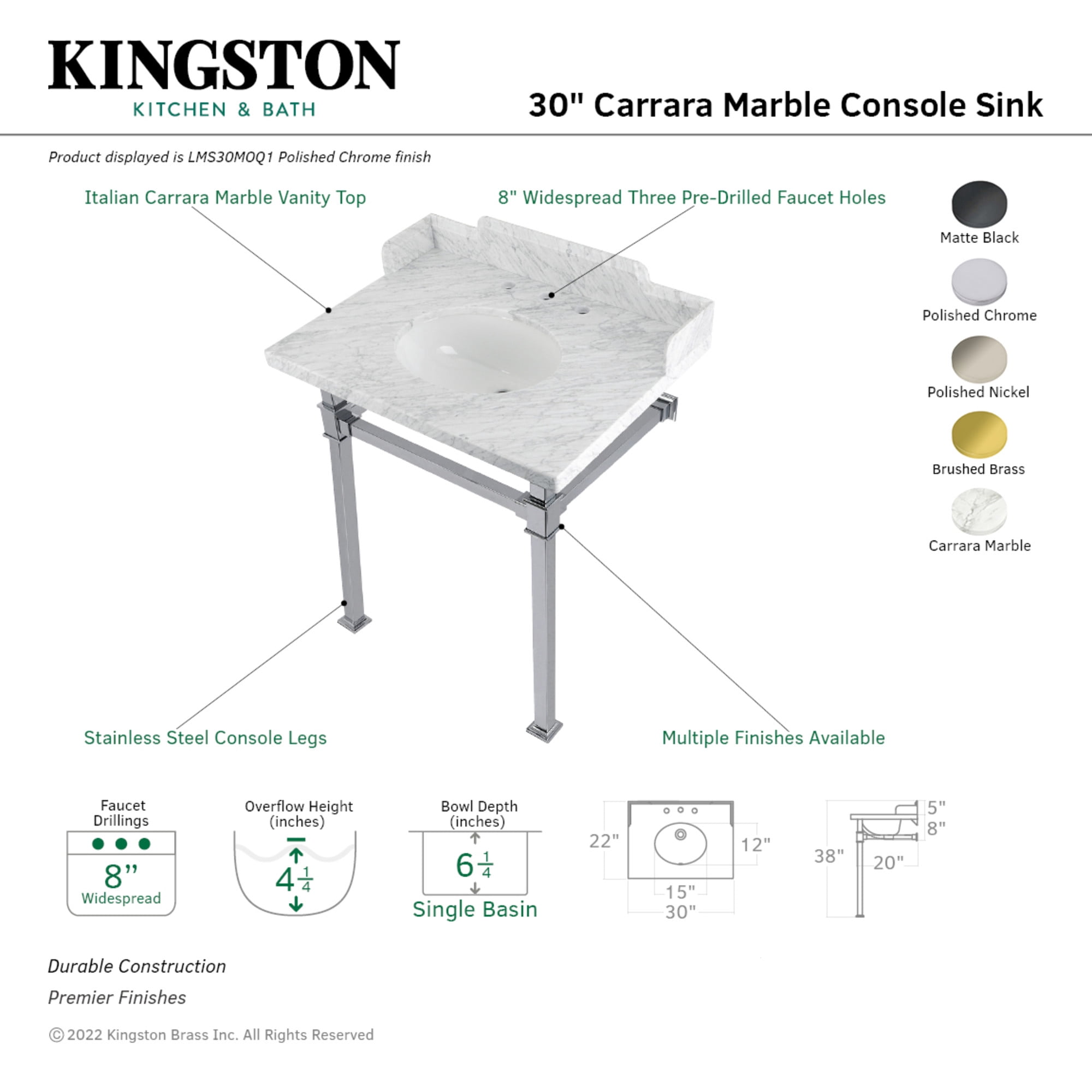 Kingston Brass LMS30MOQ7 Viceroy 30" Carrara Marble Console Sink with Stainless Steel Legs (8-Inch, 3-Hole), Carrara Marble White/Brushed Brass