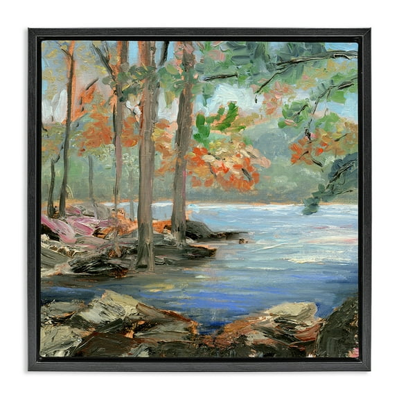 Stupell Industries Woodland Creek Looming Trees Landscape Painting Black Floater Framed Canvas Art Print Wall Art, 18 x 18