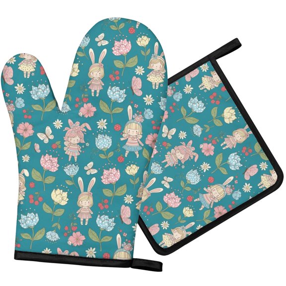 Pioneer Flower Floral Print Pattern 1-Pack Oven Mitts Set, Heat Resistant Kitchen Gloves, 7.7" X 12"