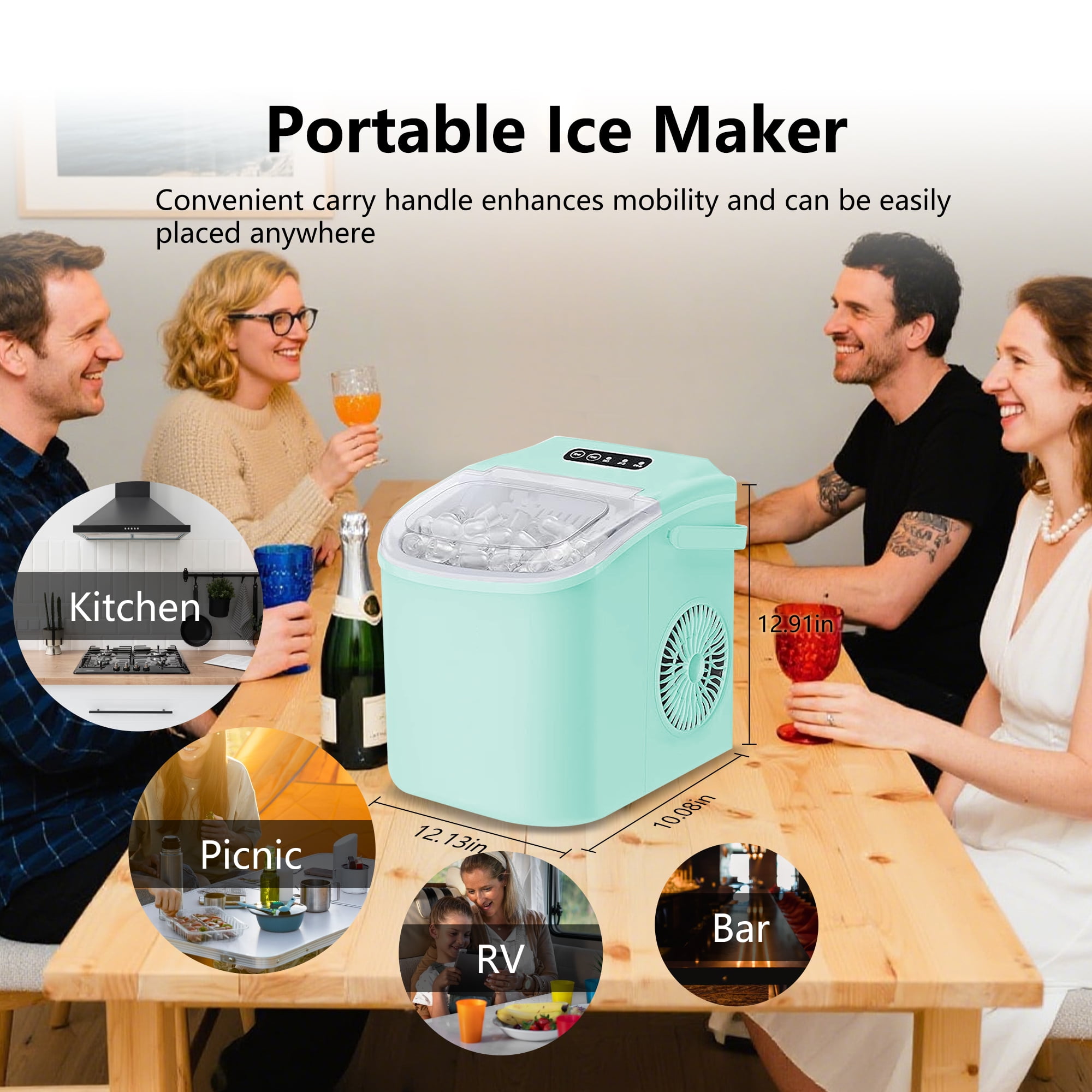 HUMSURE Countertop Ice Maker Machine with Handle, 26lbs  Per Day, 9 Ice Cubes Ready in 7 Mins, Self-Cleaning Portable Ice Maker with Basket and Scoop, for Home/Party/Kitchen/Camping/RV(Green)