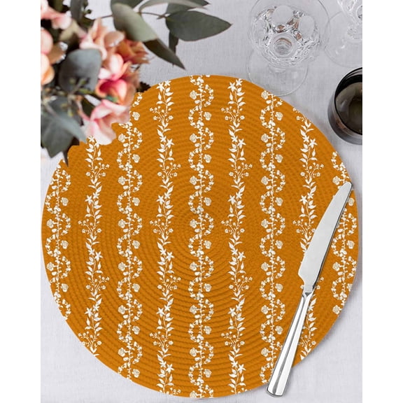 13 Inch Round Placemats Set of 6, Orange Spring Leaves Non Slip Heat Insulation PP Table Mats, Pastoral Botanical Striped Flowers Washable Place Mats for Kitchen Dining Party Table Decor