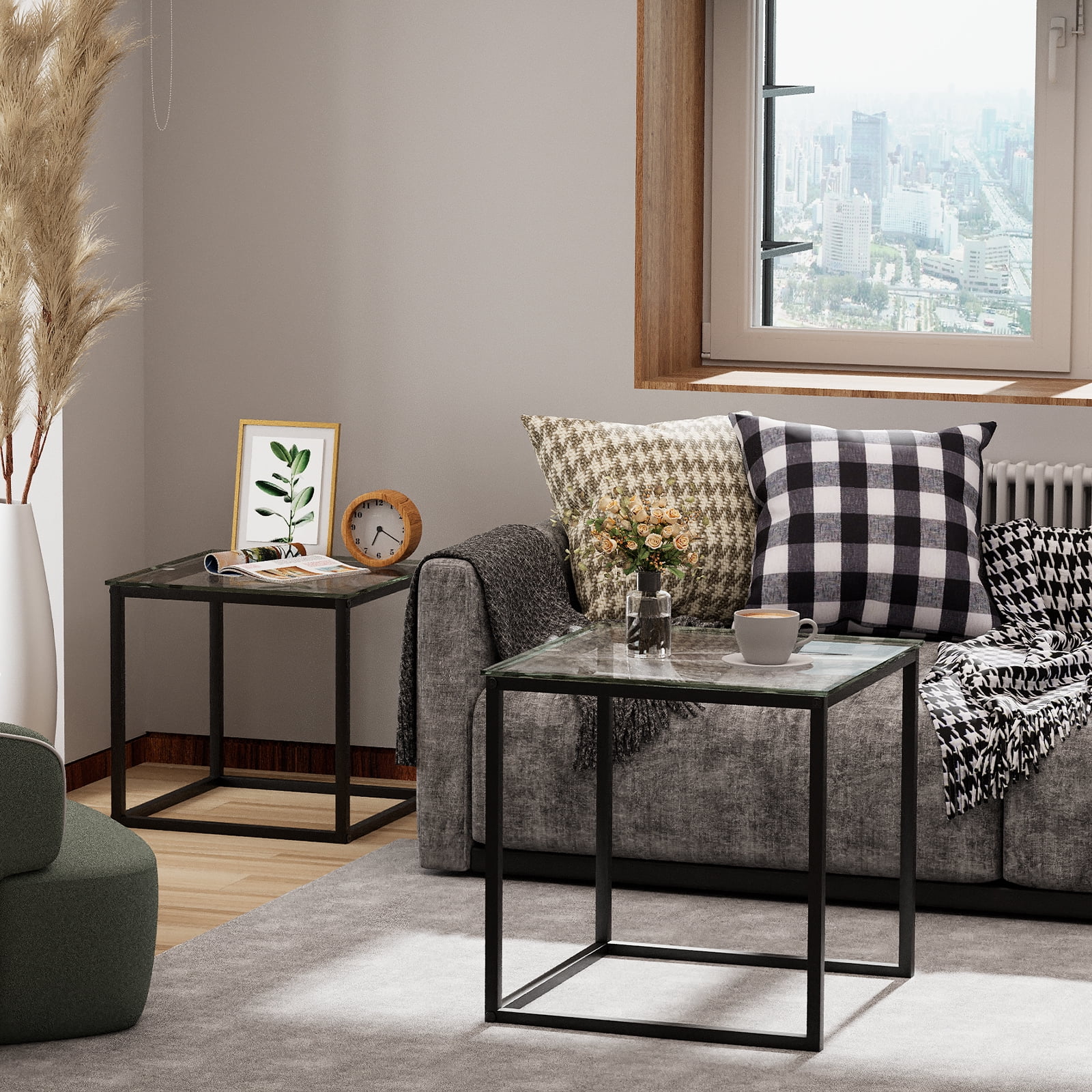 Coffee Table Set of 2, Modern Black Glass Side Table, Metal Frame Square End Table, Center Tables,Nesting Coffee Table for Living Room,Bedroom and Small Spaces
