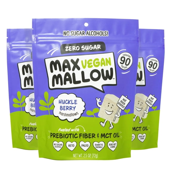 Know Brainer Max Mallow Marshmallows Low Carb Vegan Ketogenic Zero Sugar Huckleberry 3 Pack 2.5 Oz