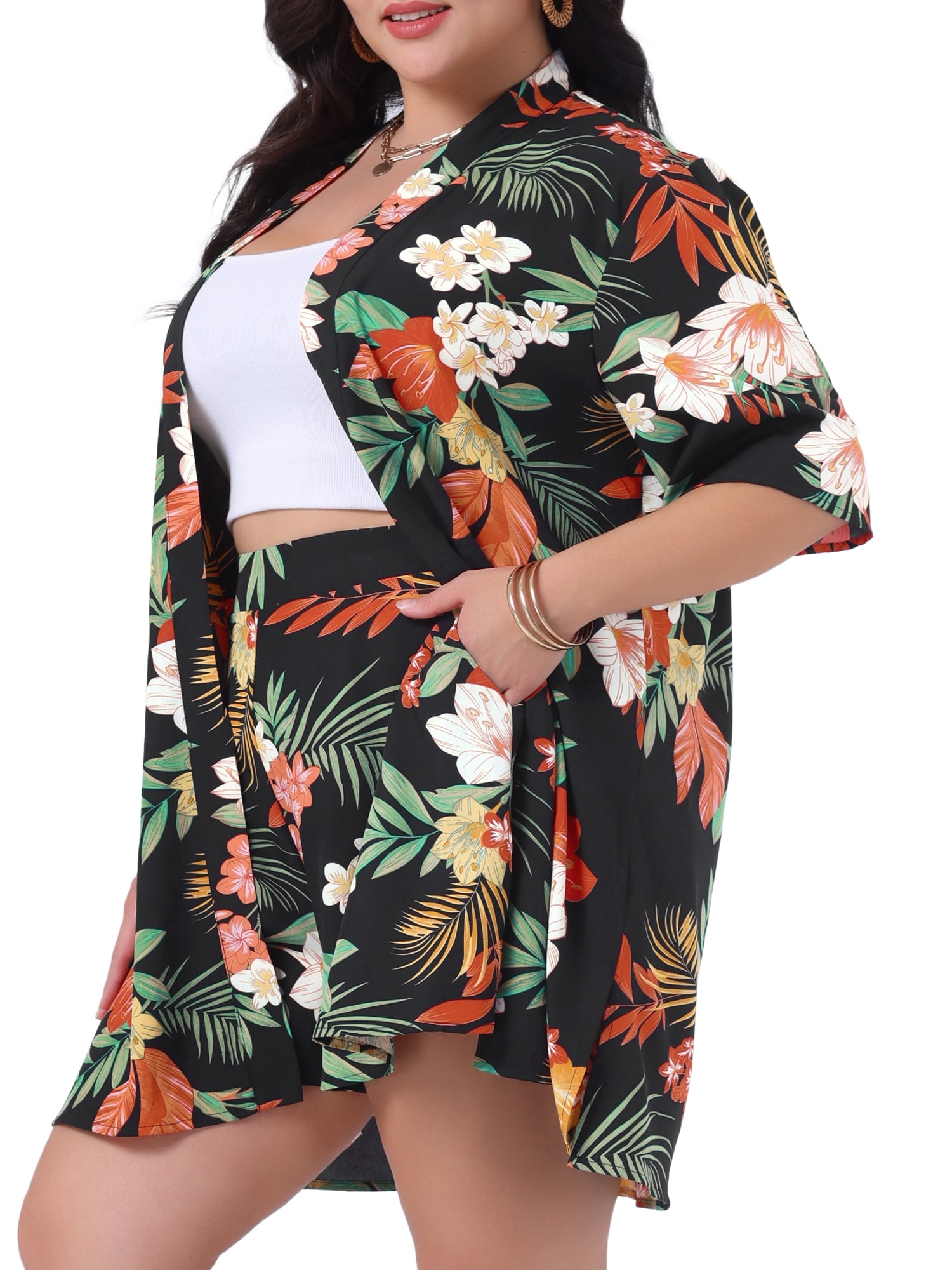 DARING DIVA Women's Plus 2 Pcs Tropical Kimono Floral Tops and Shorts Set Black 4X