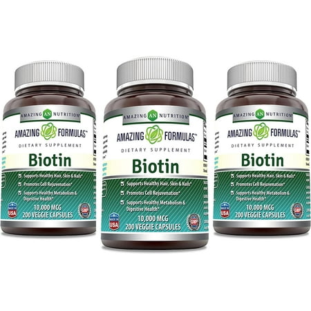 Amazing Formulas Biotin Supplement - 10,000mcg - 200 Veggie Capsules (Non-GMO, Gluten Free) - Pack of 3 -Supports Healthy Hair, Skin & Nails