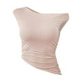 thumbnail image 5 of HOMBOM Cutout Tops for Women Trendy Summer Off Shoulder Beige Solid Color Sleeveless Pleated V-Neck Tee Shirt, 5 of 6