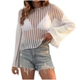thumbnail image 3 of Tqyyweavej Bathing Suits Crochet Coverups for Women V Neck Solid Color Crop Top Swim Cover Up Free Size Long Sleeve Swimsuit Cover Up, 3 of 6