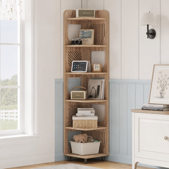 Fnova 6-Tier Tall Corner Bookshelf, 71" Bookcase with Hollow Design, Narrow Display Shelf for Living Room, Bedroom, Kitchen, Natural
