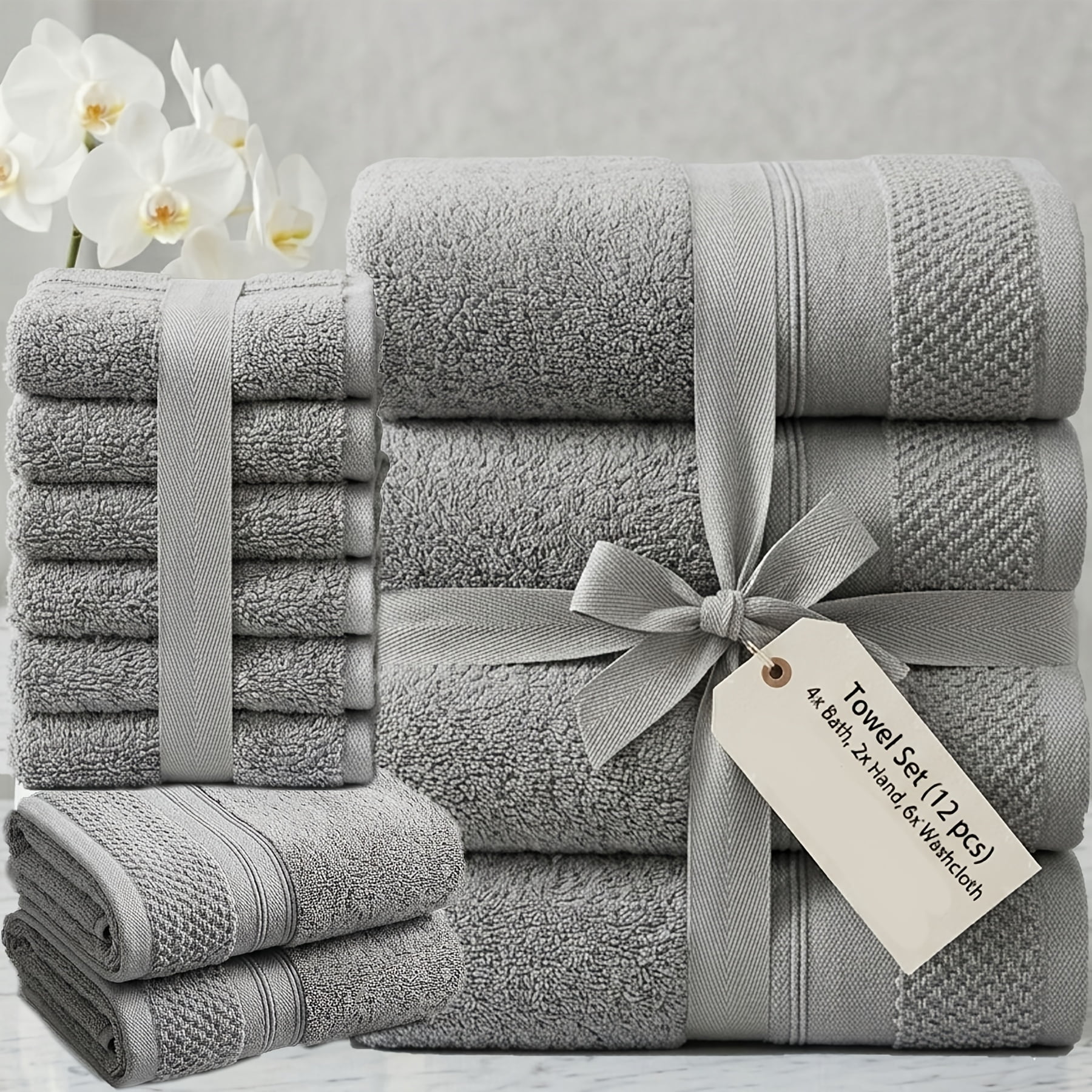 Set Of 12 Luxurious Cotton Towels Set, Ultra Soft & Highly Absorbent Premium Towels, Includes 4 Bath Towels, 2 Hand Towels & 6 Washcloths, Luxury Hotel Quality Shower Towels for Family & Guest Room.