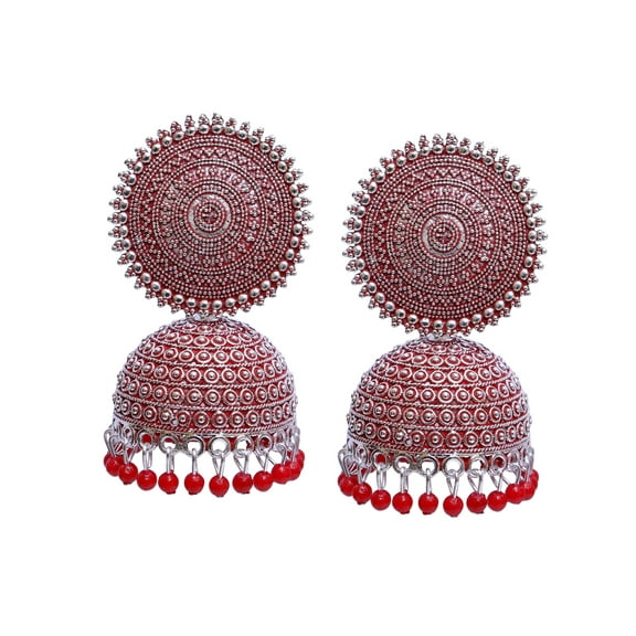Crunchy Fashion Bollywood Jewellery Traditional Ethnic Bridal Bride Wedding Bridesmaid Oxidised Silver Indian Red Meenakalri Jhumka Jhumki Earrings Jewelry For Women