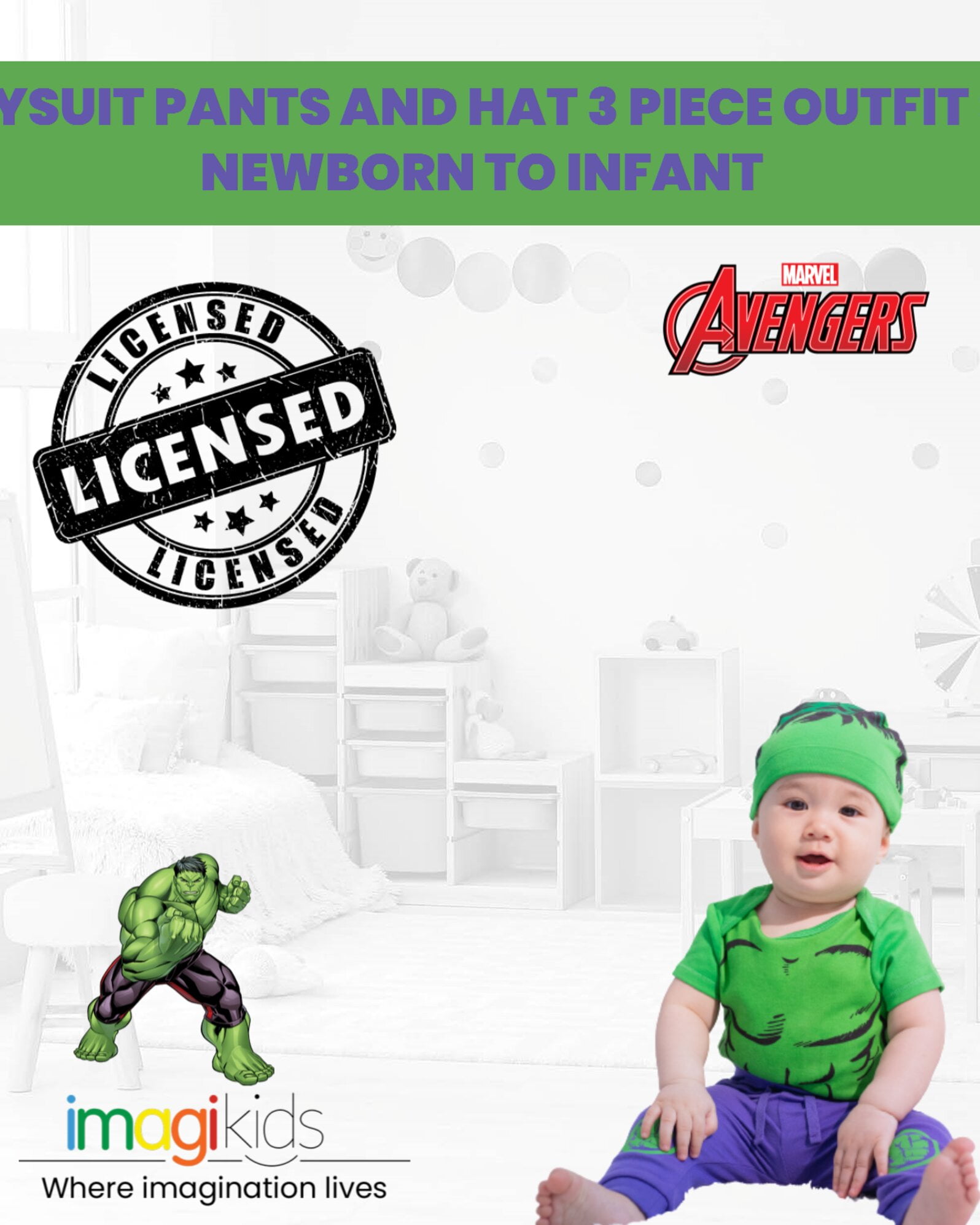Marvel Avengers Hulk Newborn Baby Boys Bodysuit Pants and Hat 3 Piece Outfit Set Newborn to Infant