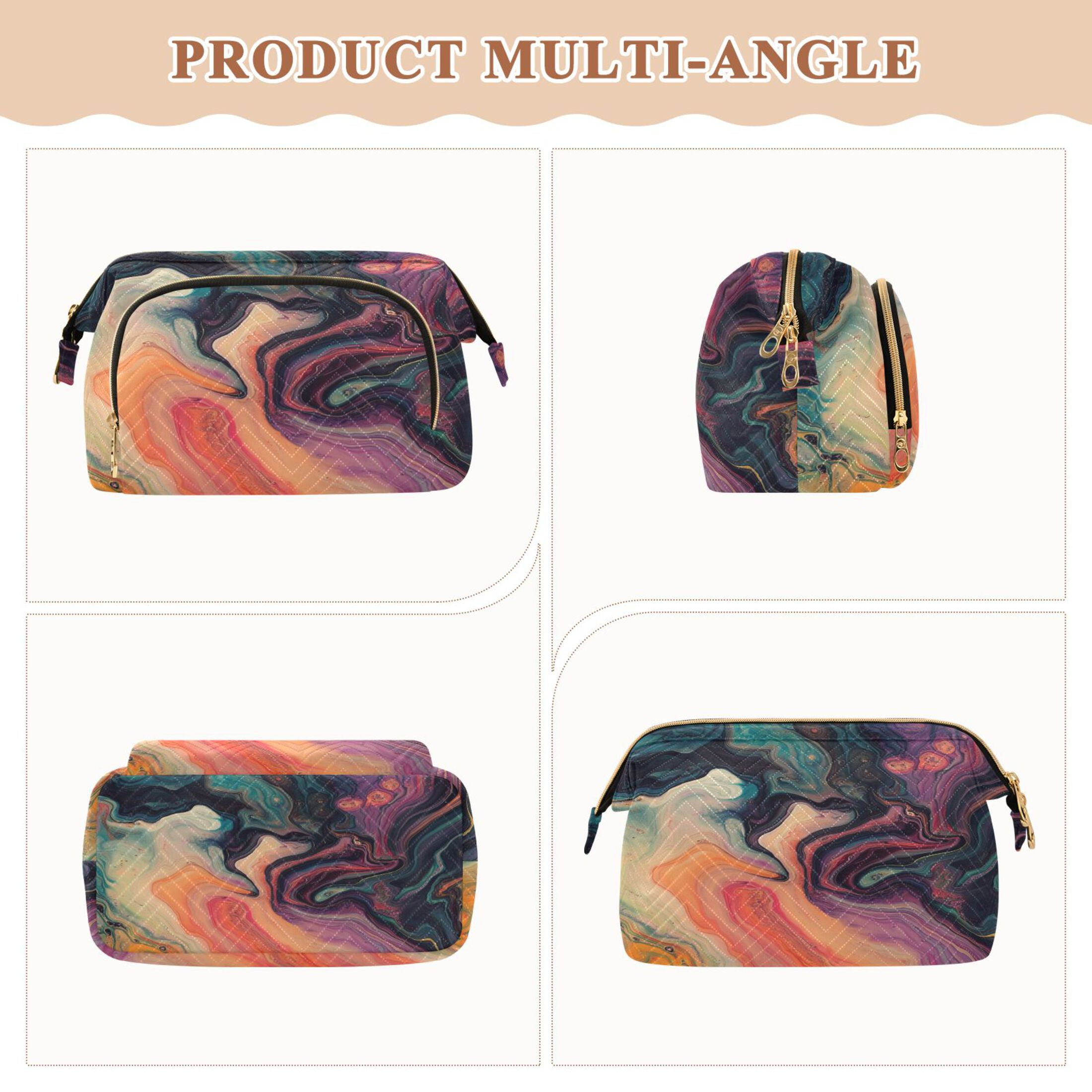 Wavy Quilted Cosmetic Bag Large-Capacity Travel Toiletry Organizer Includes 9-Piece Portable Travel Bottle Set Fluid Abstract Patterns