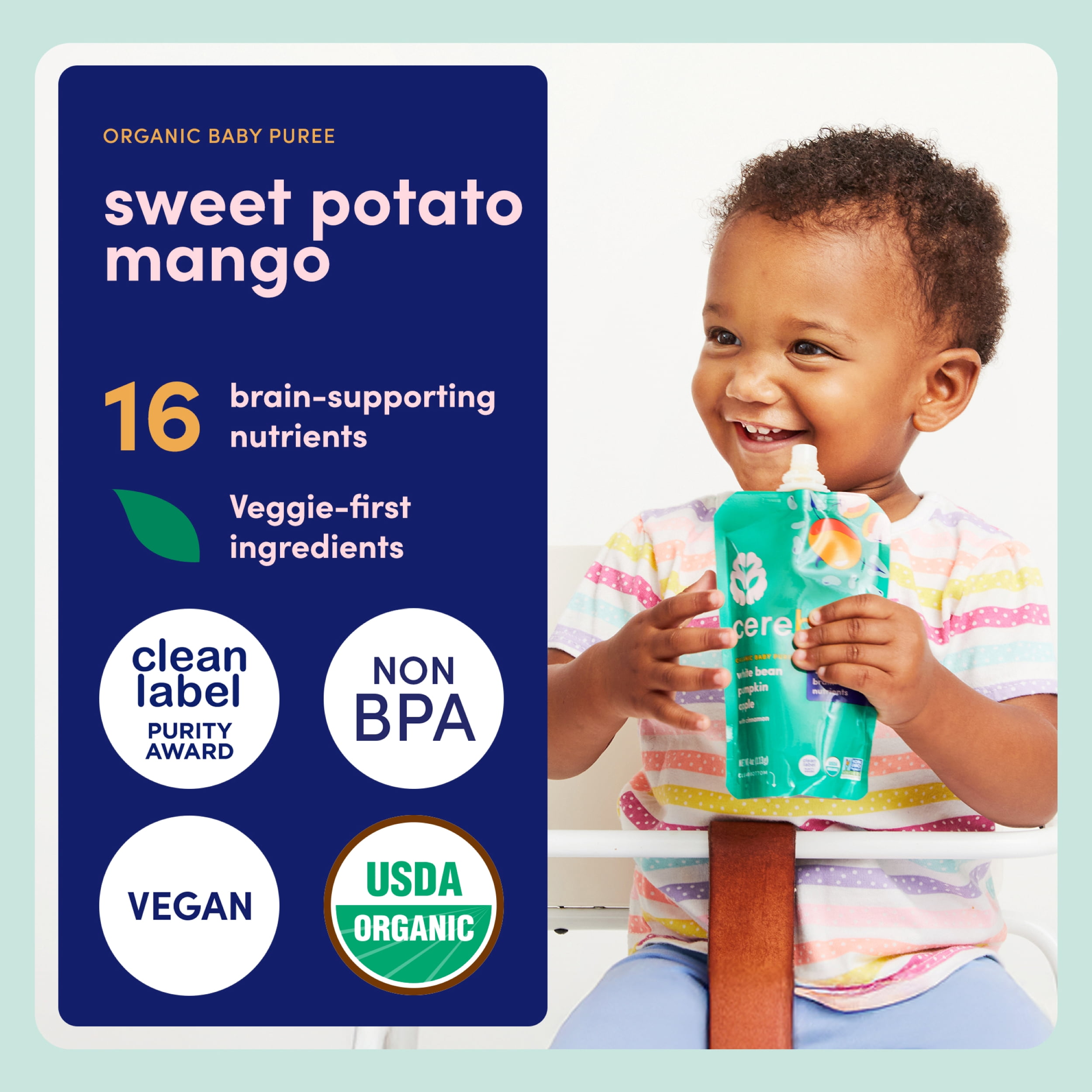 (6 pack) Cerebelly Stage 2 Sweet Potato Mango Organic Baby Food Puree, 4 oz