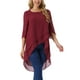 thumbnail image 4 of INSPIRAR CHIC Blusa de Chifón Asimétrica de Cuello Redondo para Mujeres con Mangas de 3/4 y Volantes, Color Rojo Vino, Talla S, 4 of 6