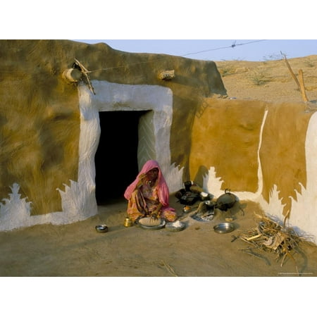 Woman Cooking Outside House with Painted Walls, Village Near Jaisalmer, Rajasthan State, India Print Wall Art By Bruno (Best Way To Paint Outside Of House)