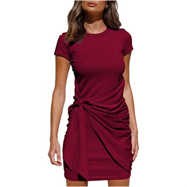 Nouvelle Robe T-Shirt Décontractée à Manches Courtes pour Femmes, Col Rond, Moulante, Froncée, Taille Nouée, Mini Robes