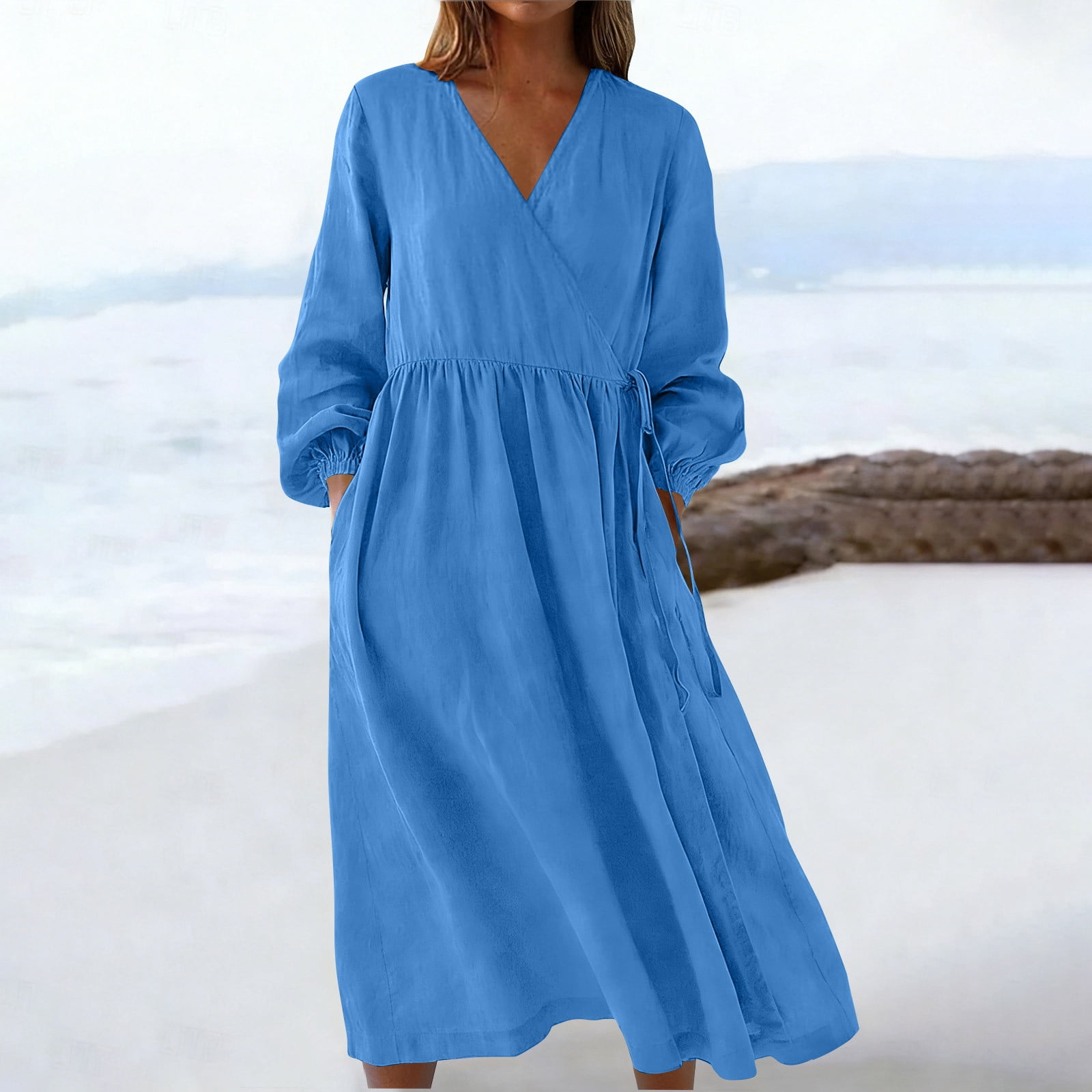 Sentmoon Womens Linen Dress 2026 Comfy Solid Color V Neck Womens Dresses Summer Stretchy Regular Fit Beach Supplies for Daily and Commute Blue M