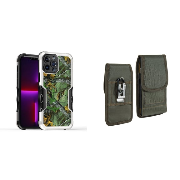Case and Pouch Bundle for iPhone 14 Pro Max: Heavy Duty Armor Rugged Case (Hunting Camo) and Vertical Rugged Nylon Belt Holster (Midnight Green)