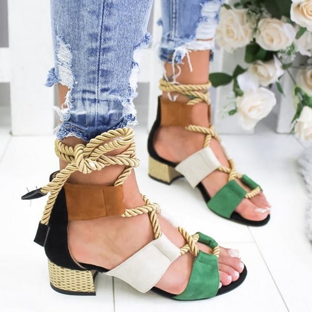 Zapatos de tacón bajo para mujer con correa en el tobillo y correa de cáñamo a juego Wmkox8yii shjk6031