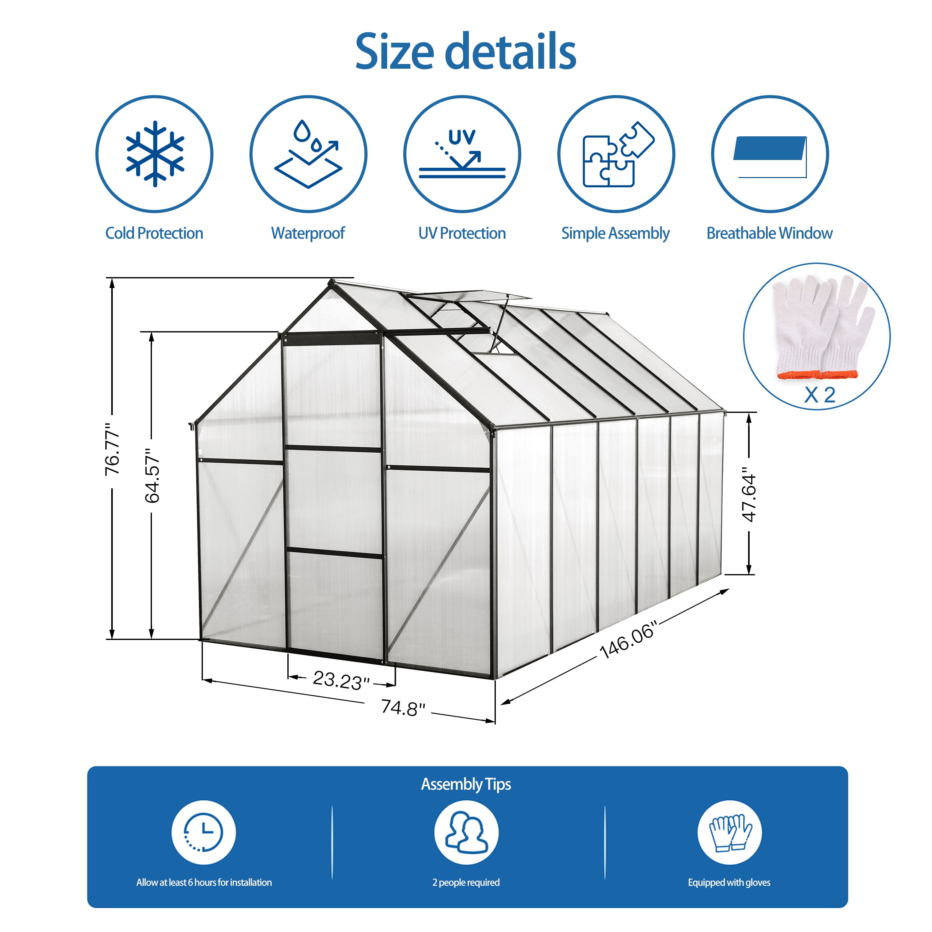 Witaxima 6x12 FT Polycarbonate Greenhouse with Raised Base, Aluminum Heavy Duty Walk-in Greenhouse for Outdoor Backyard, All Season Use, Black