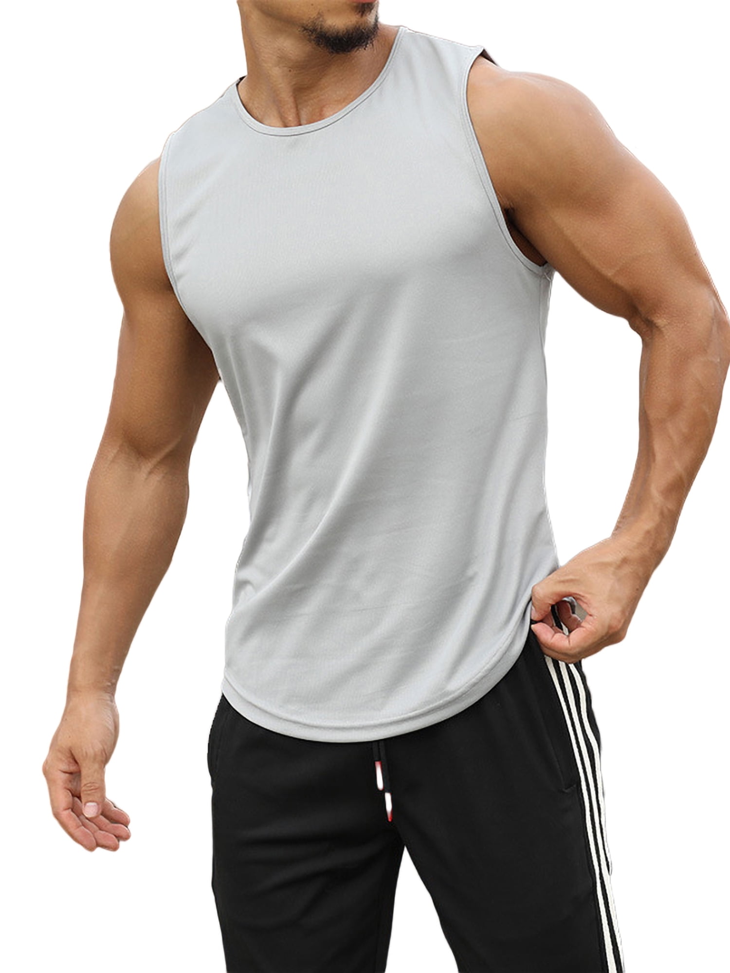 Mens Gym Workout Tank Tops Sleeveless Crew Neck T-Shirts Casual Tees Sports Bodybuilding Muscle Shirts 