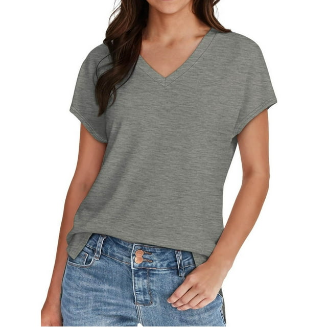 Plebaso Womens 2025 Summer T-Shirts Casual V Neck Basic Tee Tops Short Sleeve Solid Color Loose T Shirts