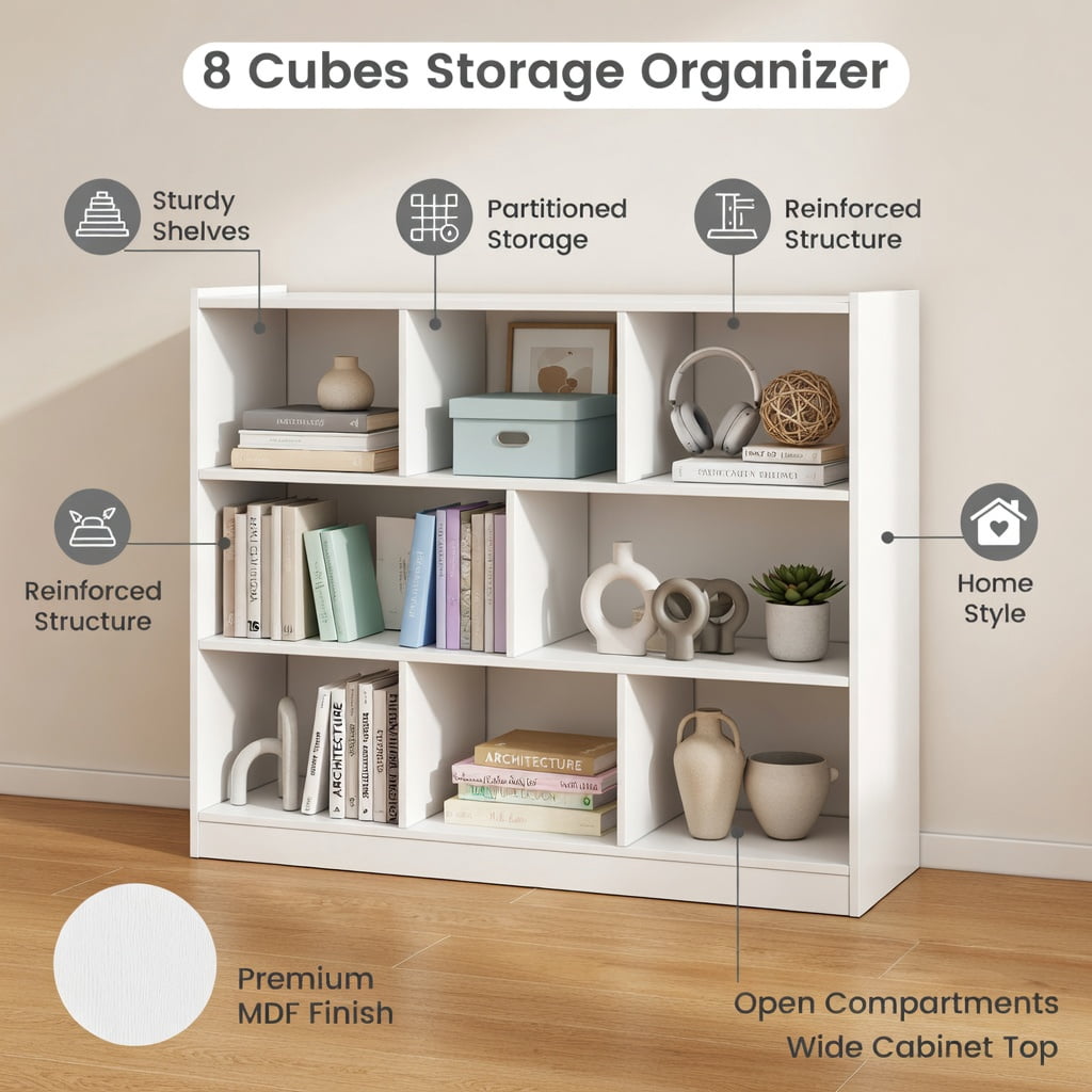Demi Bonn 3-Tier Open Bookcase, 8-Cube Floor Standing Storage Shelves Display Cabinet, Free-standing Bookshelf, White