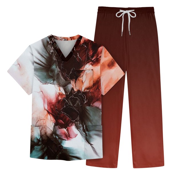Men's Short Sleeve V Neck Print Chest Pocket Care Top Elastic Waist Pants Two Piece Work Suit S