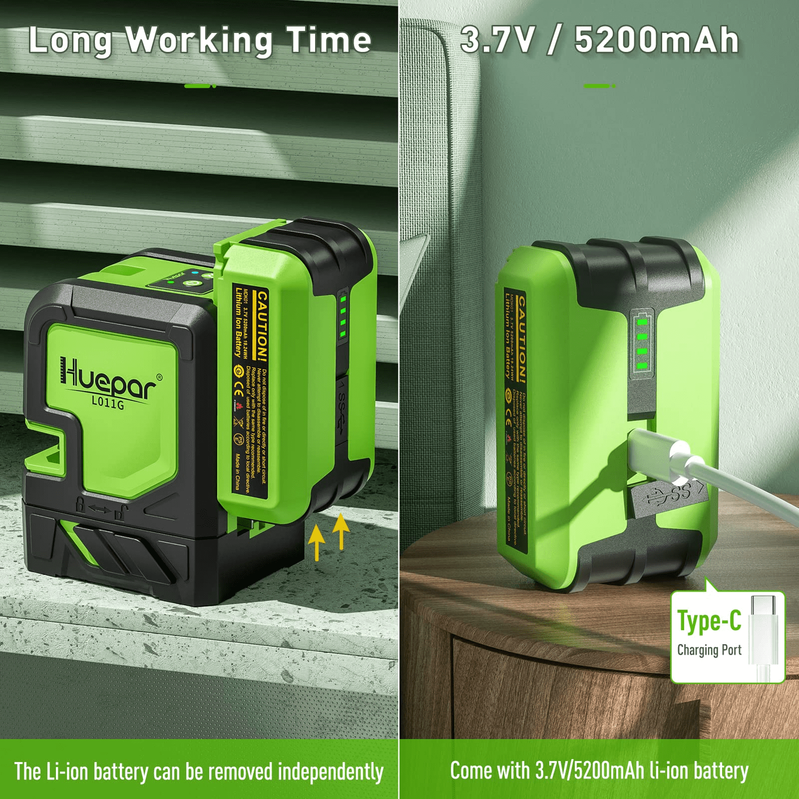 Huepar Green Beam Cross Line Laser Level Outdoor Self Leveling Laser Level Tools with 5200mAh Li-ion Battery