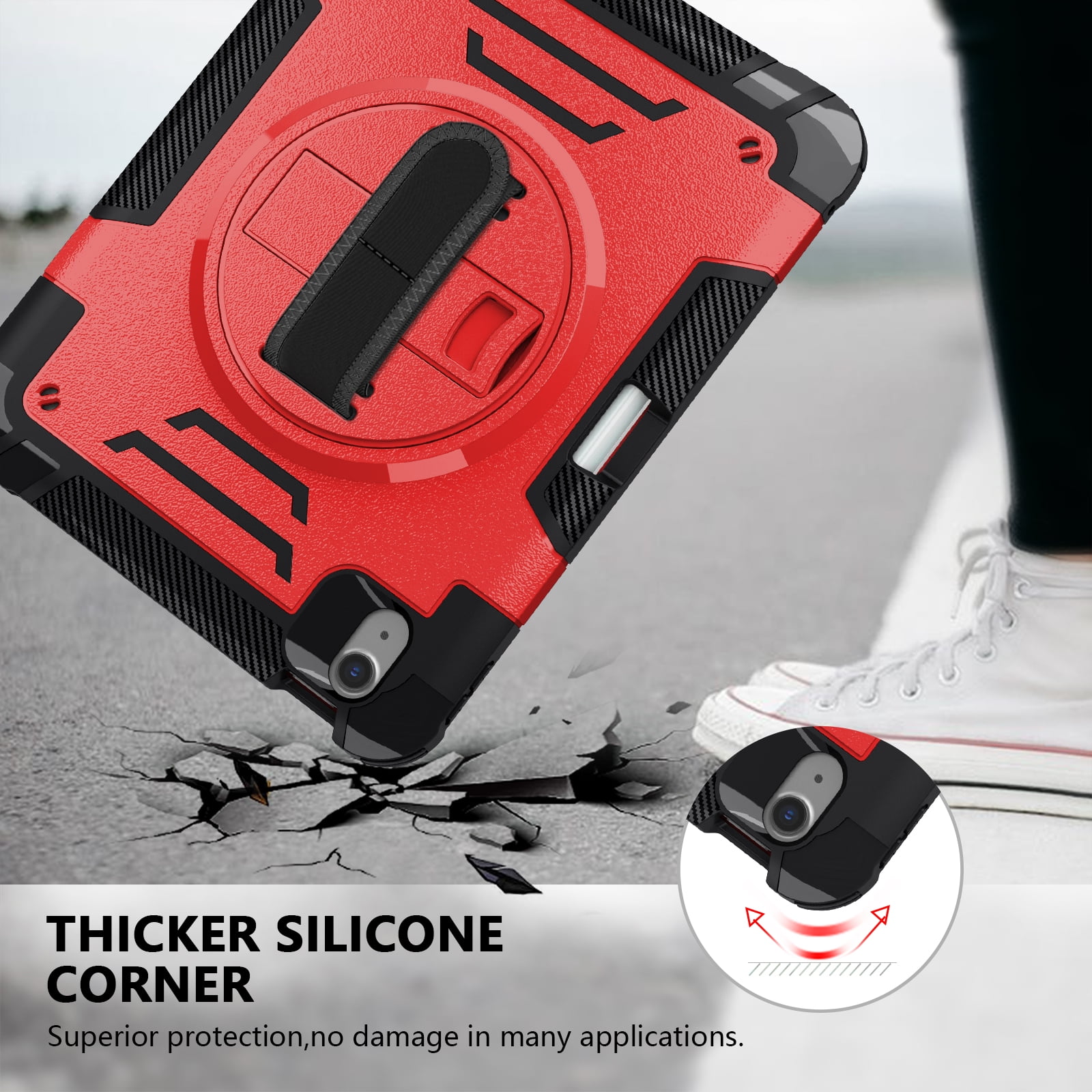 Case for Apple iPad Air 11 Inch 2026/2025/2024 M4 M3 M2, with Pencil Holder Military Grade Protection Rotating Stand Hand Strap Shoulder Strap Bumper Rugged Case for iPad Air 11",Red
