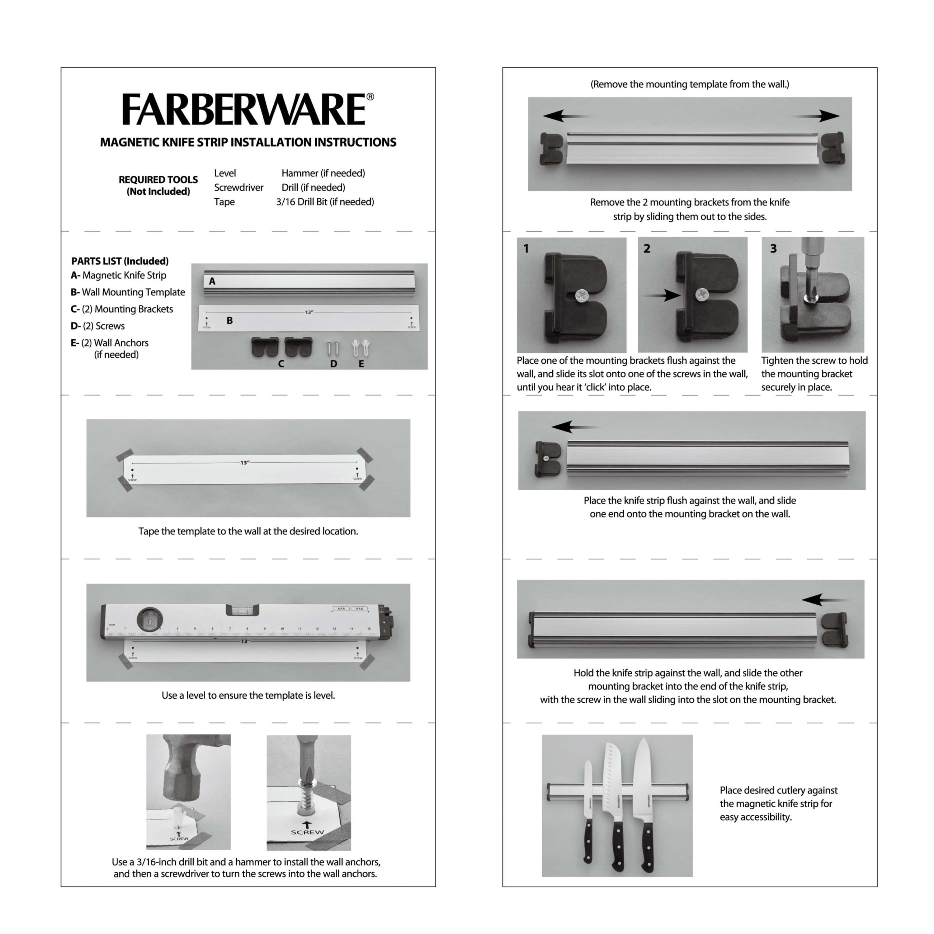 Farberware Stainless Steel Magnetic Knife Strip with Black Accents, Knives Not Included