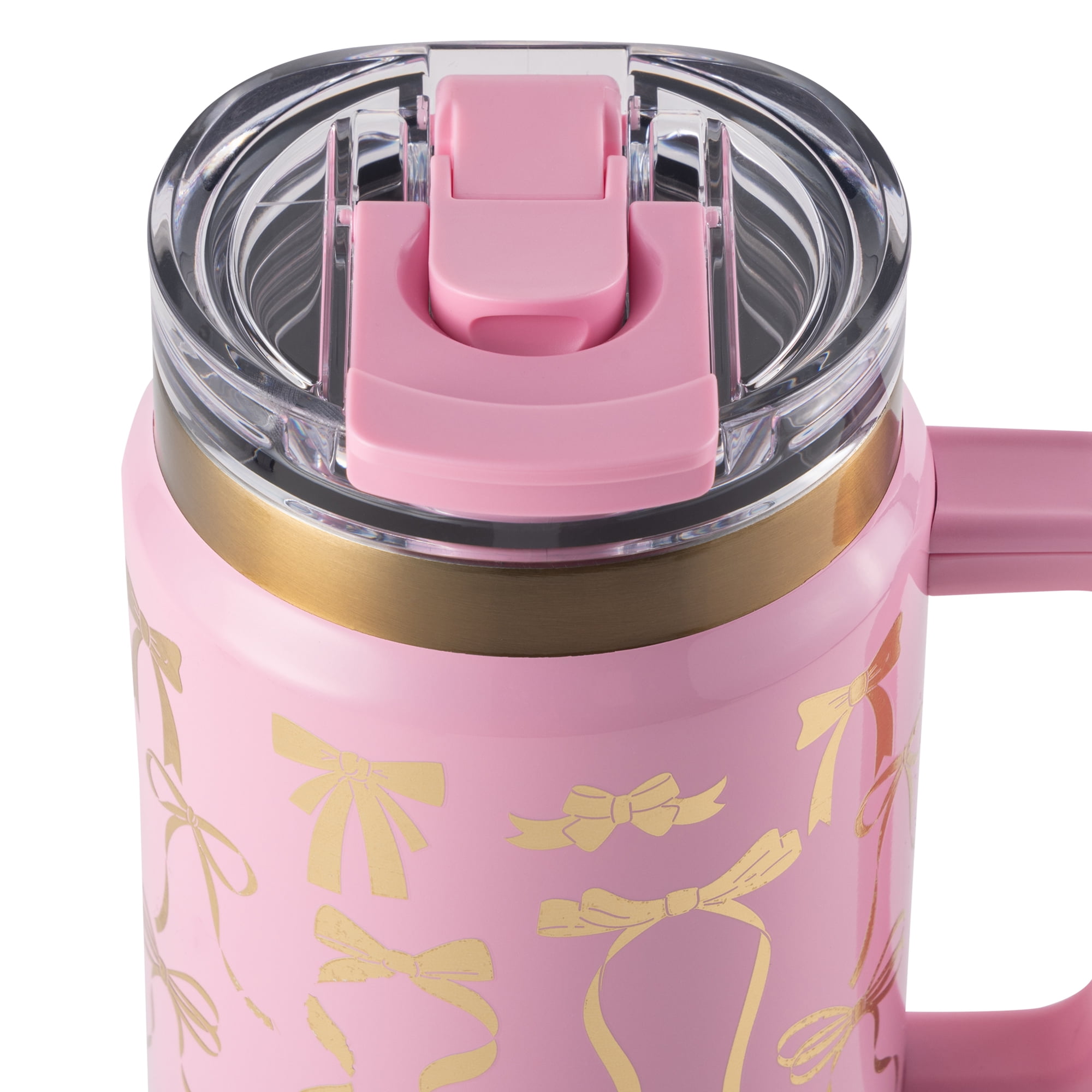 Thyme & Table 32 fl oz Stainless Steel Luna Tumbler with Handle and Dual Straw Lid, Pink & Gold Bows