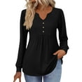 thumbnail image 4 of safuny Womens Long Sleeve Tops Fall Fashion Solid Color Shirts Casual Pleated Tunic V-neck Button Down Blouses Black _r S, 4 of 7