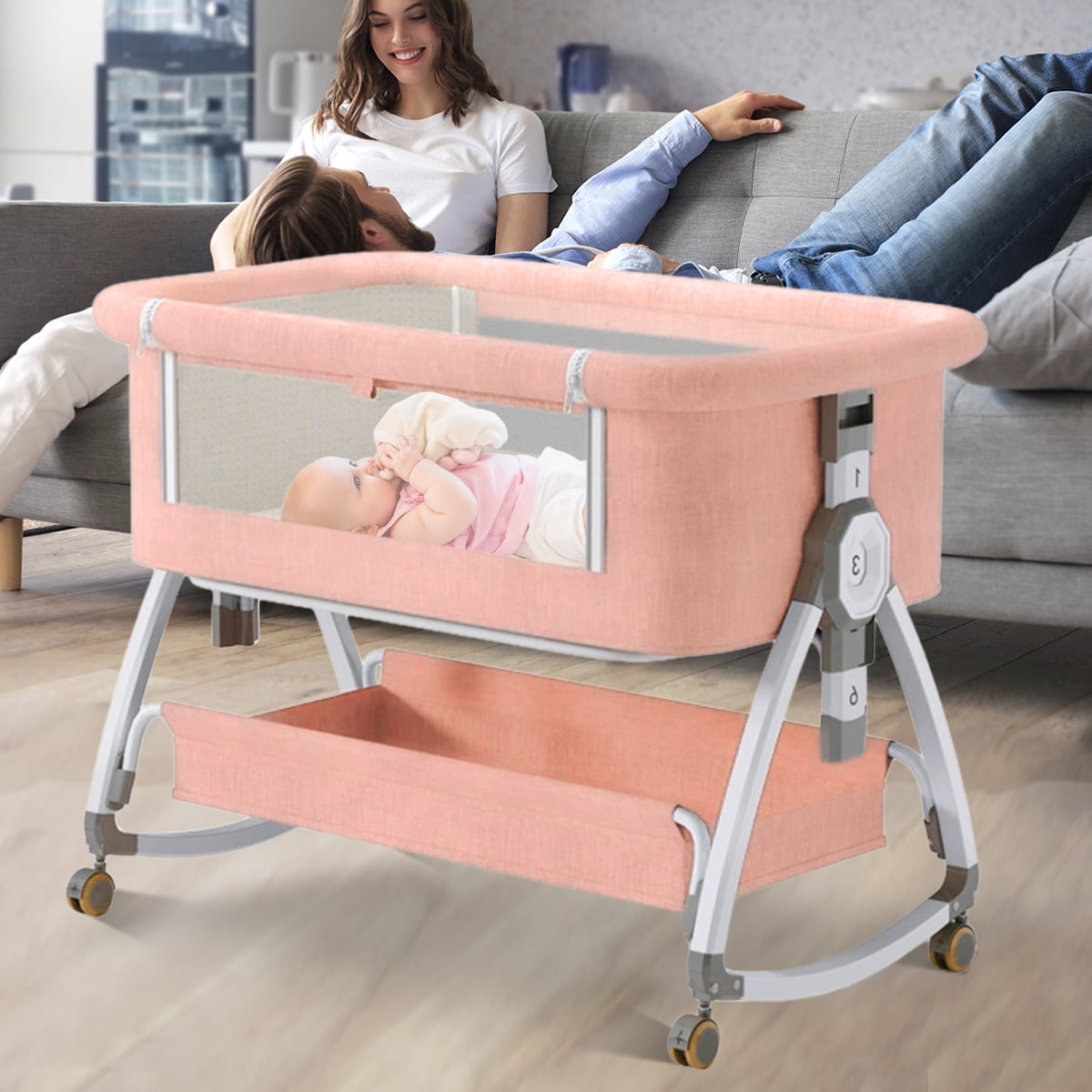 Pink Baby Bassinet Foldable 6 Height Adjustable Bedside Sleeper Travel Crib Walmart