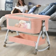EONROACOO Folding Baby Bassinet Bedside Bassinet Travel Crib with Wheels, Pink