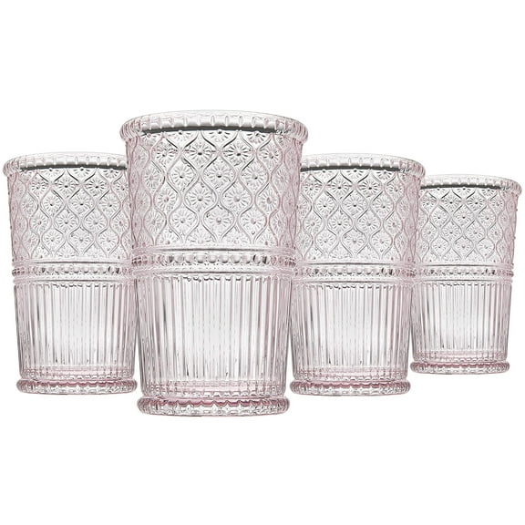Godinger Highball Drinking Glasses, Tall Glass Cups, Vintage Decor, Water Glasses, Cocktail Glasses - Claro Collection, 12oz, Pink, Set of 4