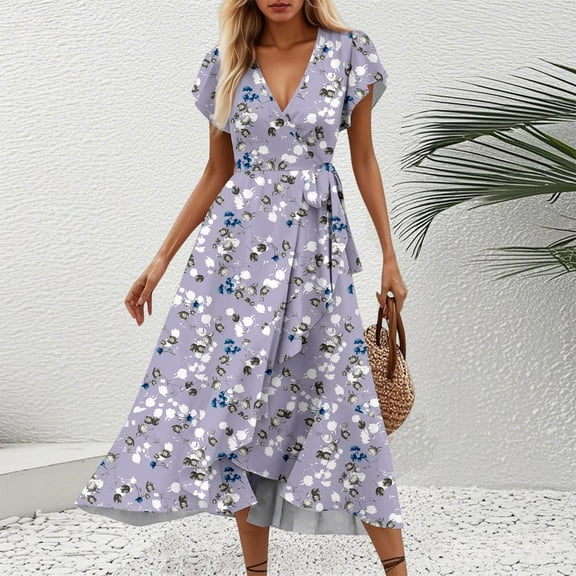 ClodeEU Women's Elegant Floral Dress,Short Sleeve V Neck Ruffle ALine Flowy Boho Maxi Dress Purple,Womens Plus L