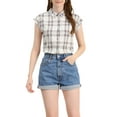 thumbnail image 6 of Allegra K Women's Halloween Costume Point Collar Short Cap Sleeves Plaids Button Down Shirt, 6 of 7