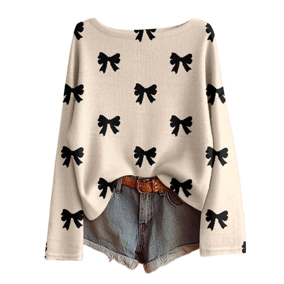 Valentines Womens Casual Knit Pullover Bow Print Crewneck Long Sleeve Top Lightweight Loose Fit Sweater for Fall Winter Comfort Beige XL
