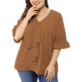 thumbnail image 6 of MODA NOVA Juniors Plus Size V Neck Smocked Sleeves Ruffled Front Solid Blouse, 6 of 7