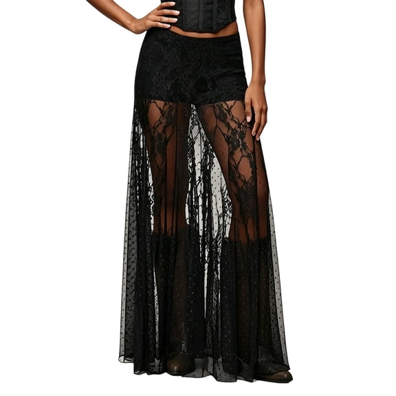 Arlun Women's Plus Size Lace Mesh Sheer Maxi Skirts Lightweight Breathable Loose Flowy High Waisted Flared Skirt Summer Fashion Patchwork A Line Long Skirts Black XL