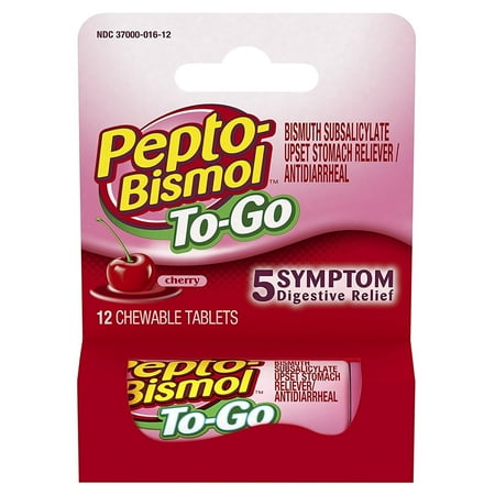 Pepto Bismol To Go 5 Symptom Digestive Relief Medicine, Upset Stomach and Diarrhea Relief, Cherry Flavor, 12 Chewable Tablets