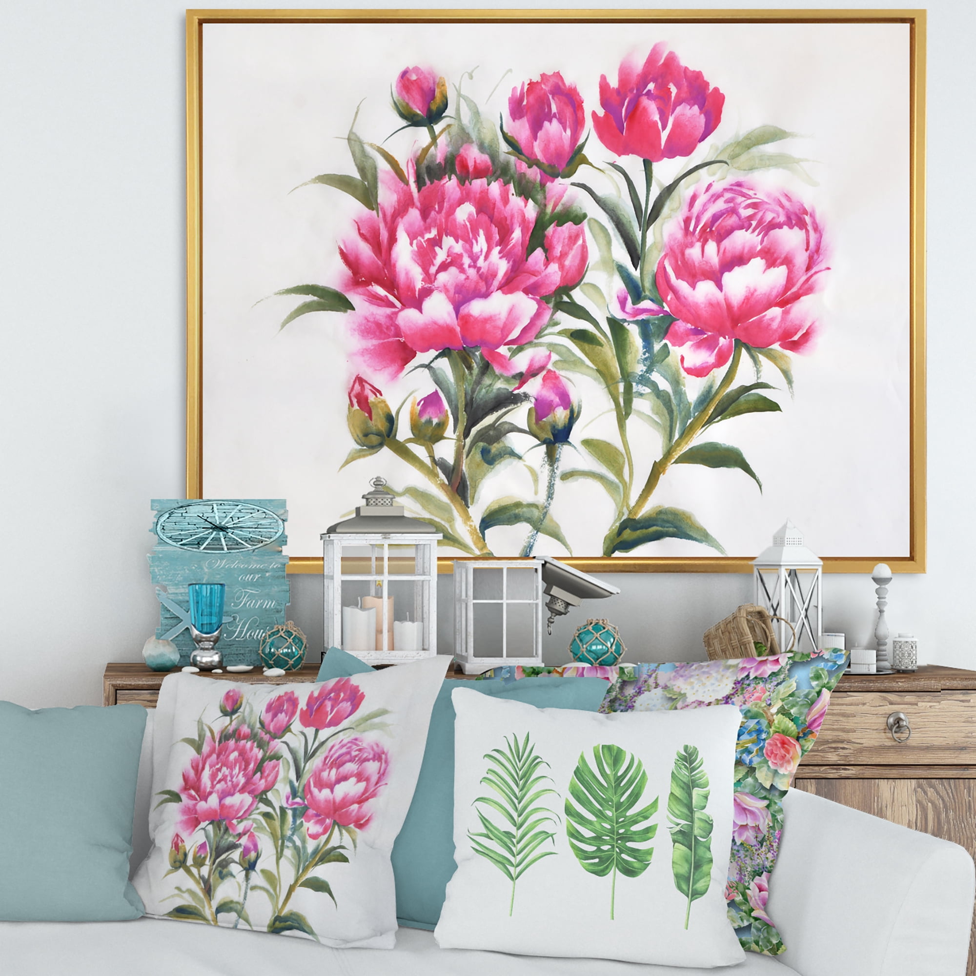 Designart 'Purple Peonies Flowers' Traditional Framed Canvas Wall Art Print