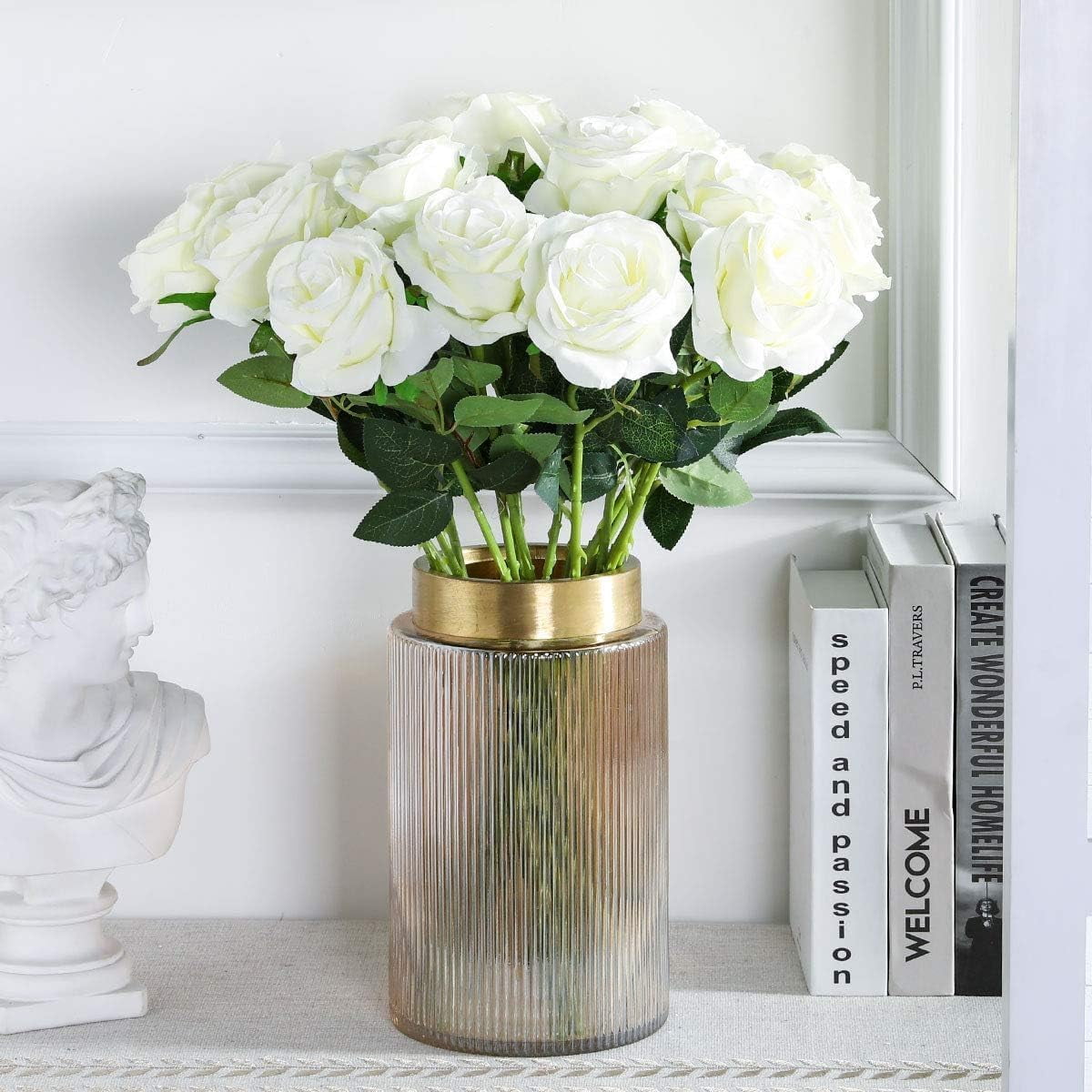 White Fake Roses Artificial Flowers - Fake Artificial Roses Silk Flowers with Stems for Home Wedding Hotel Office Centerpiece Decor