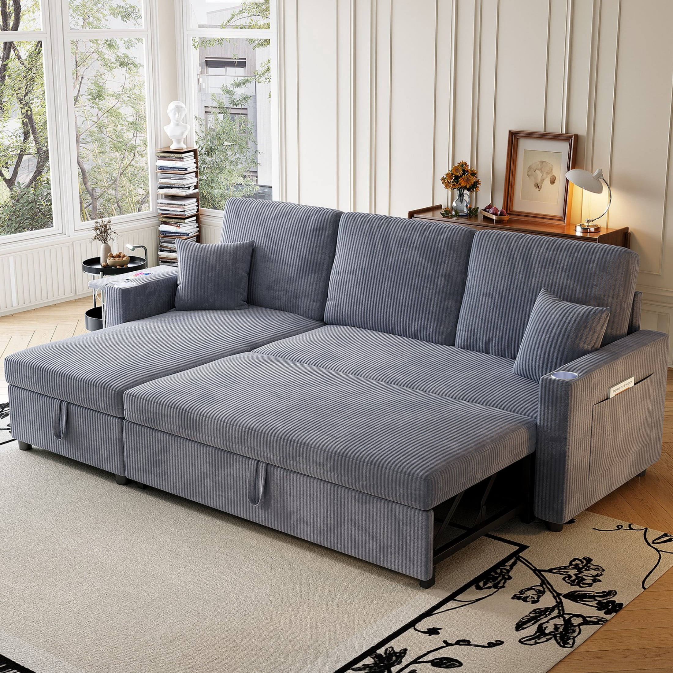 Sleeper Sectional Sofa, 83" Convertible Sofa Bed with Pull Out Couches, Small Desktop, L Shaped Couch with Reversible Chaise, Cup Holders, USB, Modern Corduroy Sofas for Living Room Apartment, Grey