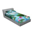 thumbnail image 2 of Nature Fitted Sheet & Pillow Sham Set, Fantasy Pond Water Lilies Floating Romantic Lotus Digital Art, Decorative Printed 4 Piece Bedding Decor Set, Twinxl, Aqua Pink Green, by Ambesonne, 2 of 3