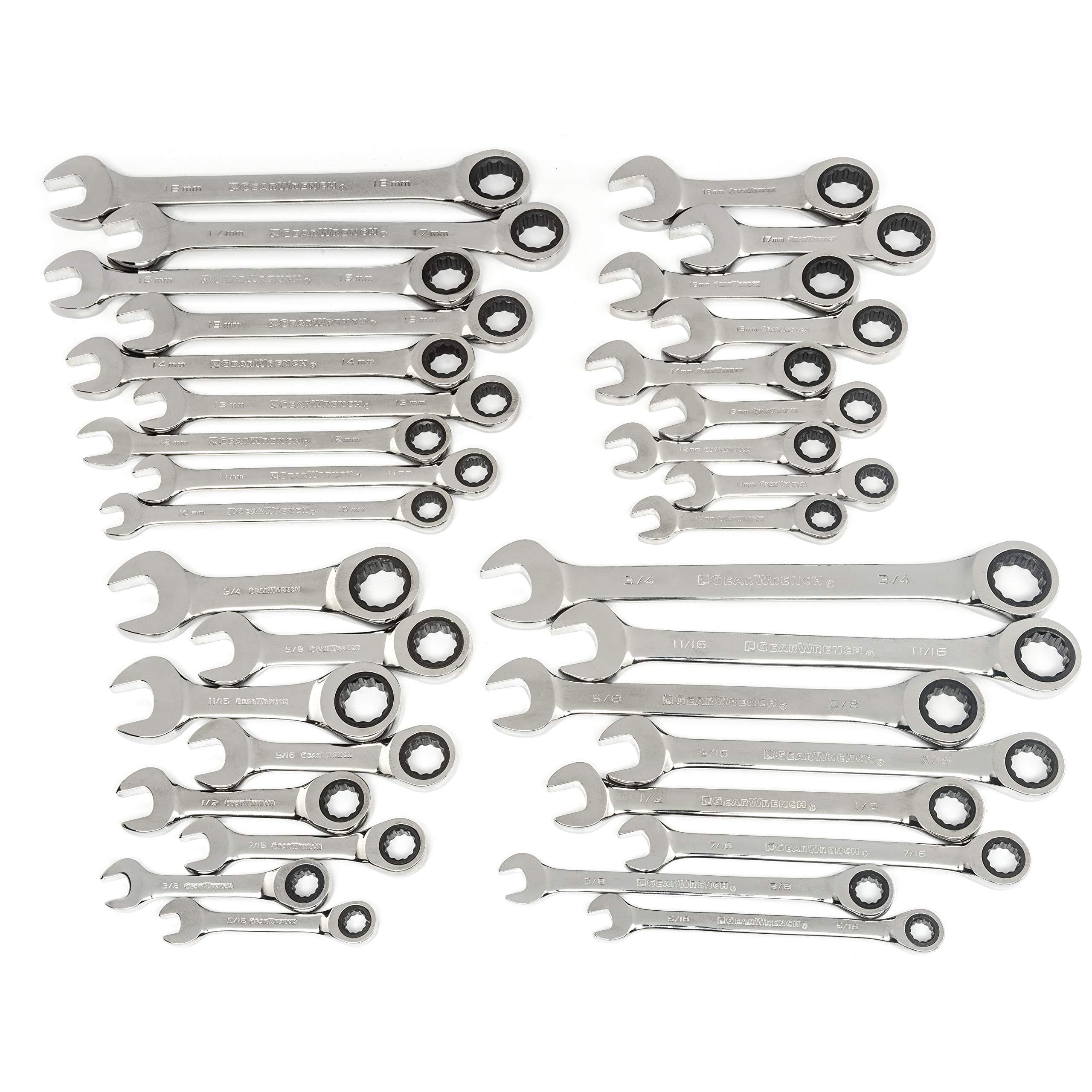 GEARWRENCH 34 Pc. 12 Pt. Ratcheting Combination Wrench Set, Standard &  Stubby, SAE/Metric - 85034
