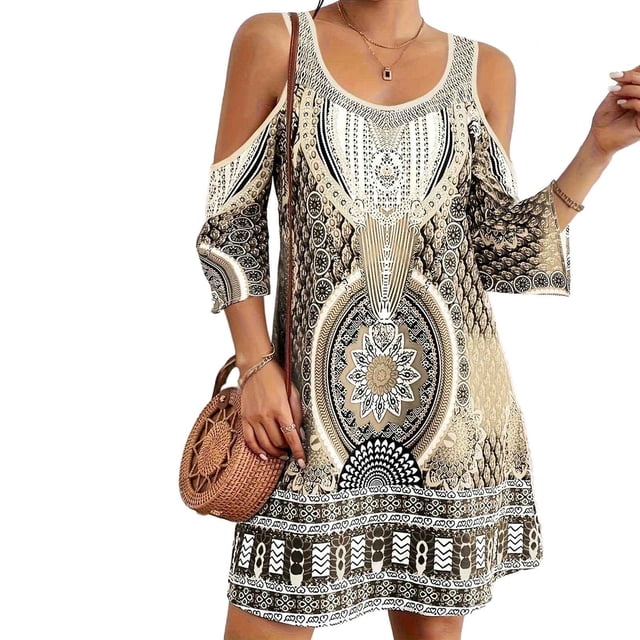 Vestido Alto Bajo para las Mujeres de Hombro Frío Cuello Redondo Impresión Bohemia Media Manga Mini Patinador Ropa de Playa de Verano Casual