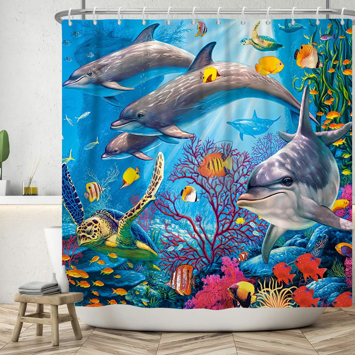 aoselan Tropical Dolphin Shower Curtain Ocean Theme Fantasy Colorful Fishes Coral Funny Marine Life Shower Curtain for Kids Bathroom Curtain Polyester